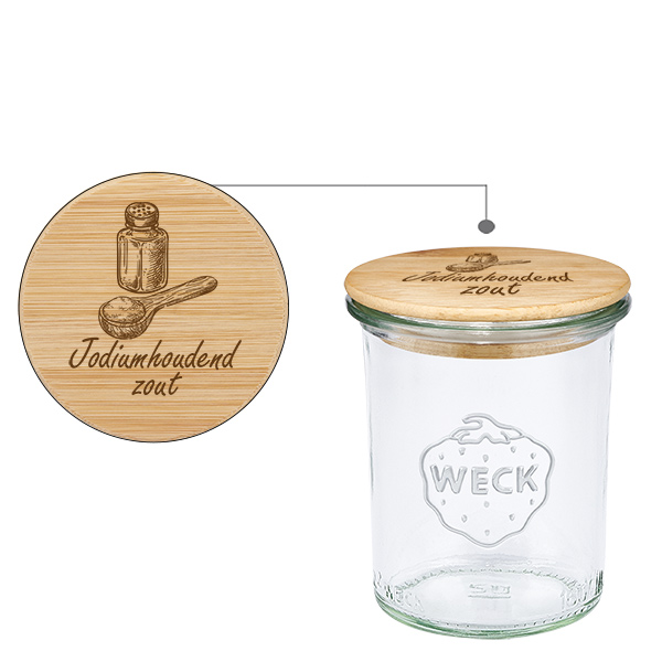 Houten dekselset "Jodiumhoudend zout" met WECK bekers 160ml Houten dekselset "Jodiumhoudend zout" met WECK bekers 160ml