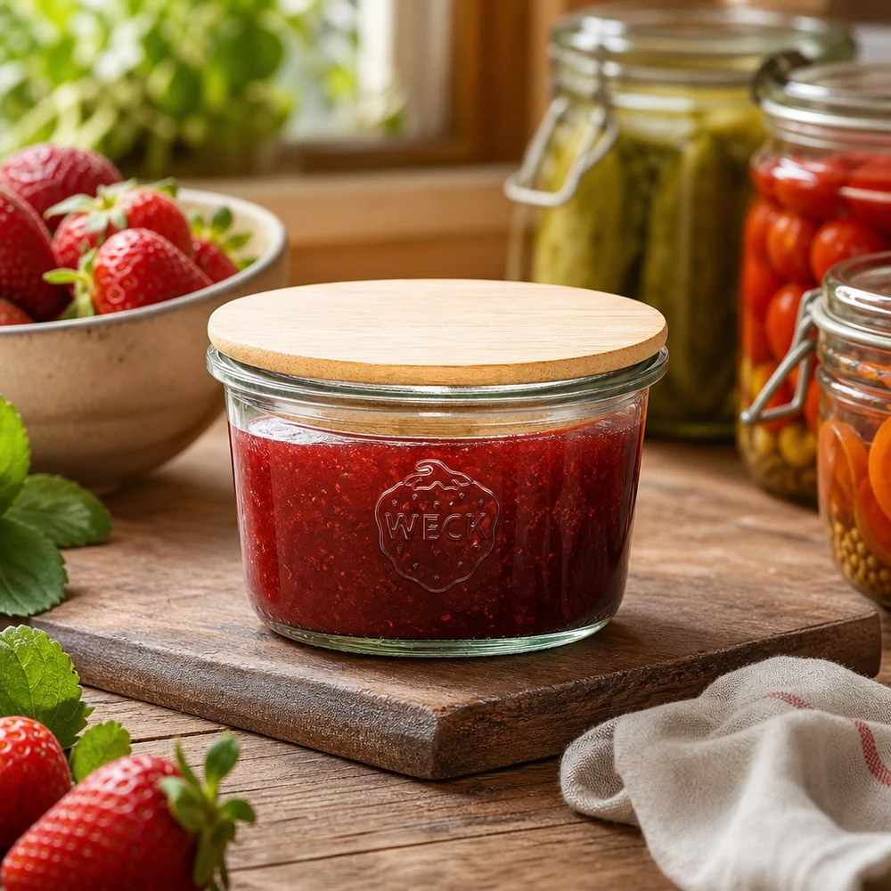 WECK pot 80ml RR60 met houten deksel gevuld met aardbeienjam in rustieke keuken met verse aardbeien