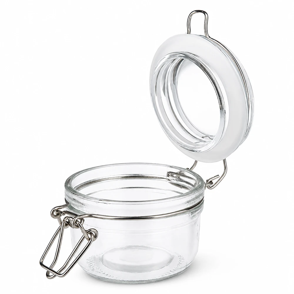 Transparant inmaakpotje van 100 ml met metalen handvat en rubberen afdichting voor luchtdicht bewaren