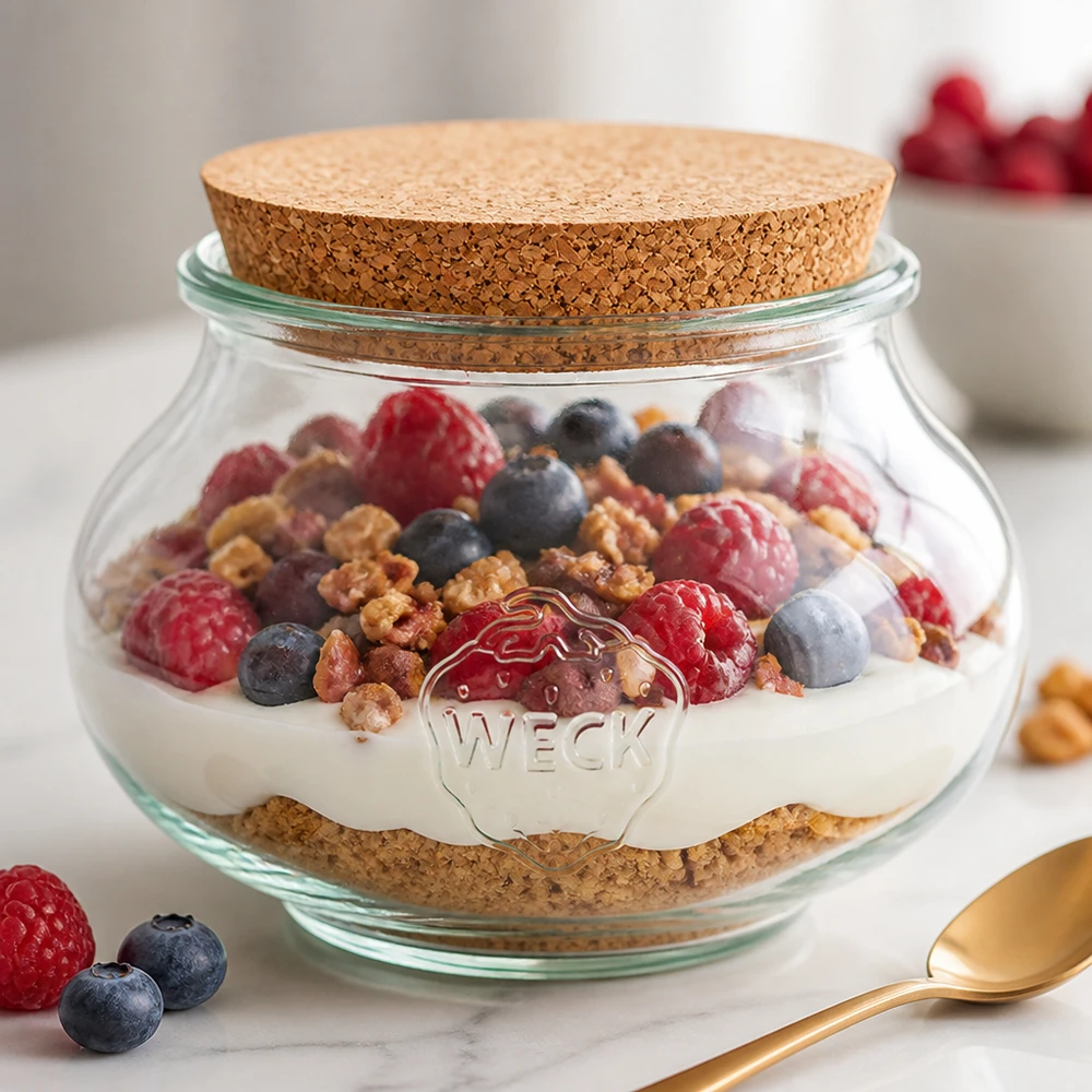 WECK RR100 decoratieve pot 1062ml muesli yoghurt bessen noten kurk deksel ontbijt dessert gelaagd dessert