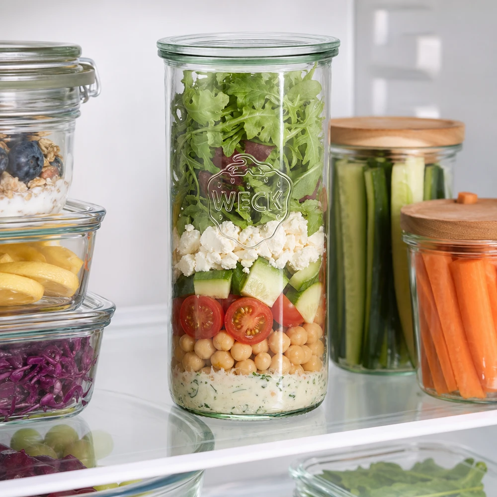 1500ml stortglas met glazen deksel WECK RR100 WECK RR100 bekers van 1500 ml in de koelkast gevuld met gelaagde salade tussen andere Meal Prep voorraadpotten