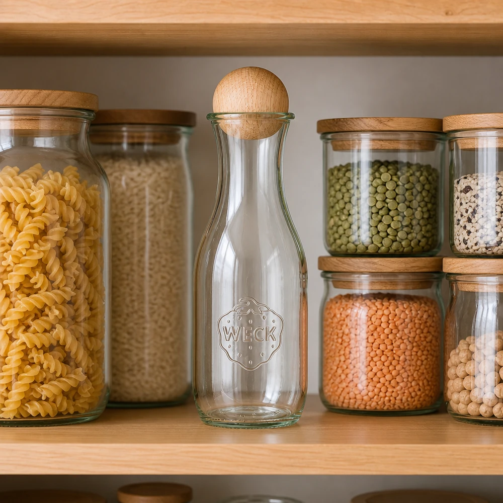 WECK glazen fles 1062ml RR60 leeg in voorraadkast tussen inmaakpotten met pasta, rijst en peulvruchten