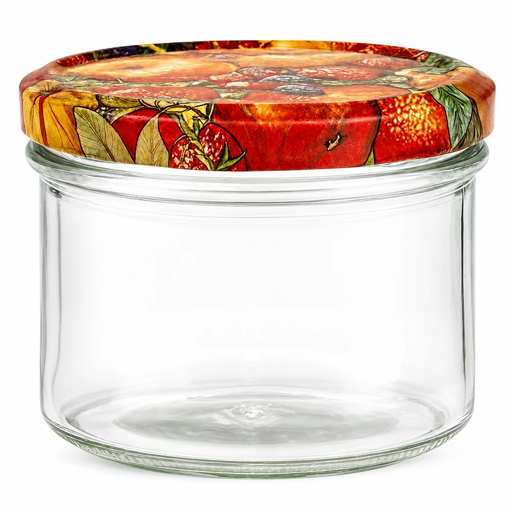 225ml bekers met BasicSeal deksel Fruit decor UNiTWIST 225 ml inmaakpot met kleurrijk fruitdecor deksel, lege inmaakpot voor jam en marmelade, inmaakpot met draaideksel