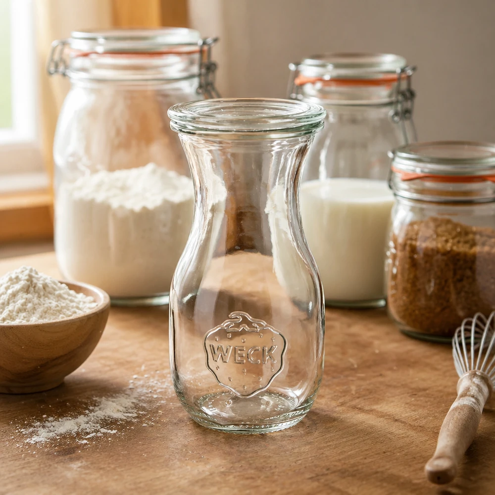 Sapfles van 290 ml met glazen deksel WECK RR60 WECK sapfles 290ml RR60 in keukensfeer met inmaakpotten meel en bakgerei op houten werkblad