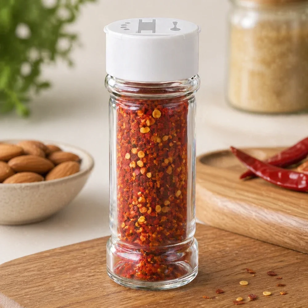Kruidenstrooier van 100 ml van helder glas, gevuld met chilivlokken, op een houten plank met gedroogde chilipepers
