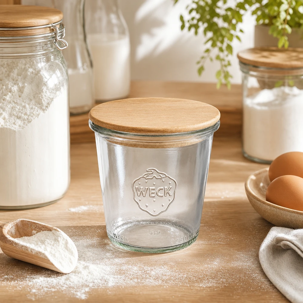 290ml stortglas hoge WECK RR80 met hout deksel WECK Sturzglas 290ml RR80 mit Holzdeckel in natürlicher Küchenszene mit Mehl Eiern und Backzutaten auf Holzbrett