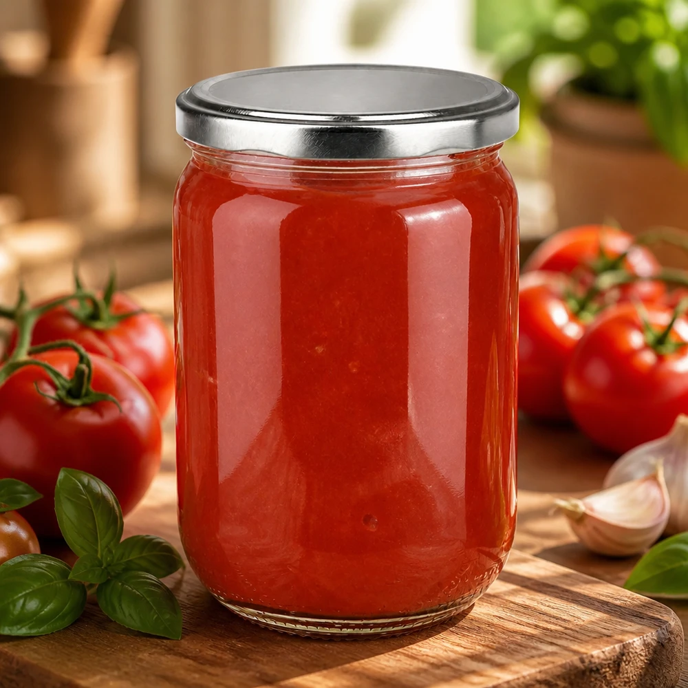 555 ml rond glazen potje UNiTWIST gevuld met tomatenpuree, naast verse basilicum en rode tomaten