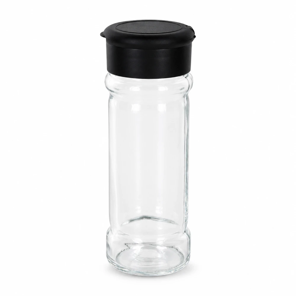 Zout-/kruidenpotje 100 ml met strooier, zwart Klein keukenkruidenpotje van 100 ml met een zwarte kunststof strooideksel