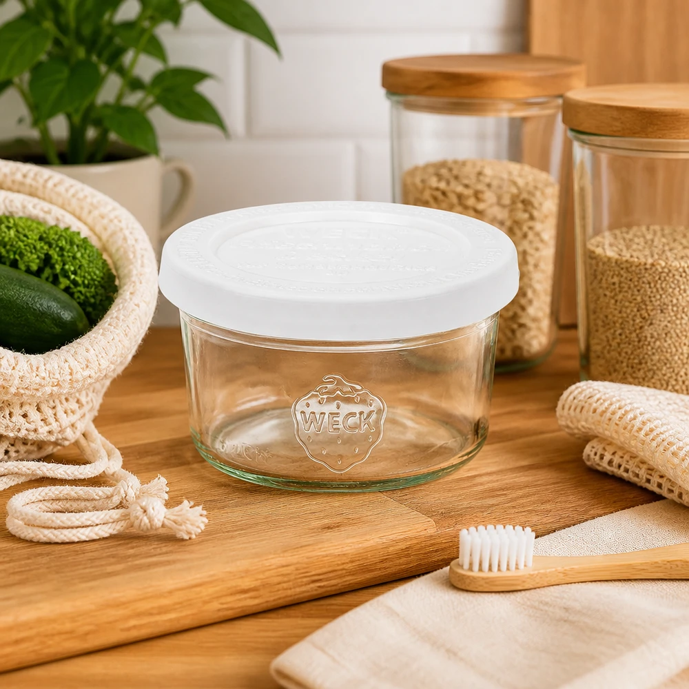 WECK 50ml beker RR60 met wit deksel in duurzame keuken met bamboe tandenborstel en zero waste producten