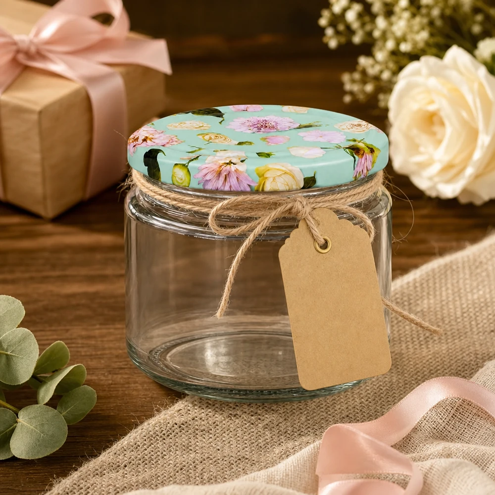 Ronde pot van 330 ml + deksel BasicSeal bloem mint UNiTWIST 330ml ronde pot BasicSeal deksel bloem mint geschenkdoos decoratie jute koord hanger romantisch