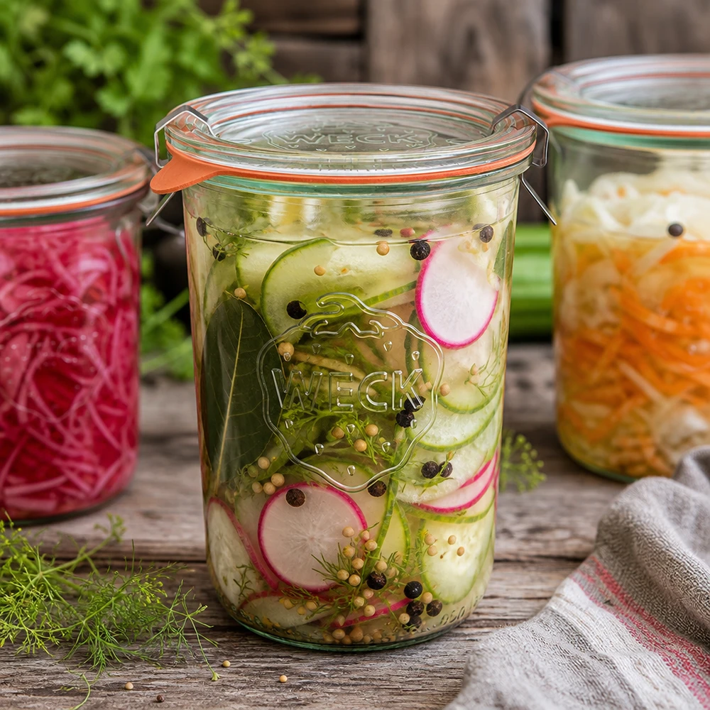 850ml stortglas compleet WECK RR100 WECK RR100 Sturzglas 850ml mit eingelegtem Gurken-Radieschen-Salat zeigt perfekte Fermentation und Konservierung