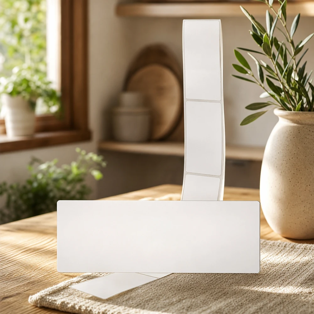 20 etiketten, wit, verwijderbaar 54x154.5mm Blanco etiketten 54x154,5mm gepresenteerd in een natuurlijke leefomgeving met planten en warm daglicht