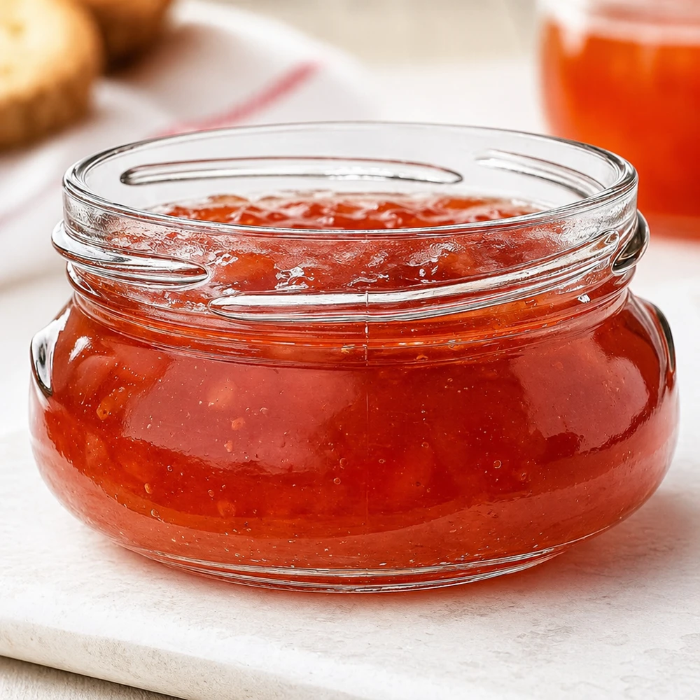 UNiTWIST Terrina120 terrine pot 120ml TO70 gevuld met rode jam op een witte houten plank