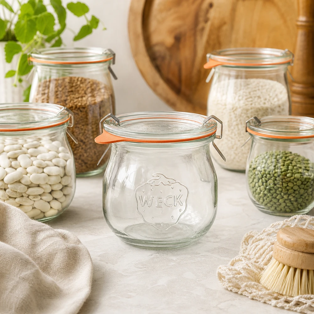 75ml tulpenglas compleet WECK RR40 WECK tulpenpot 75ml RR40 in een natuurlijke keukensetting tussen voorraadpotten met peulvruchten en granen