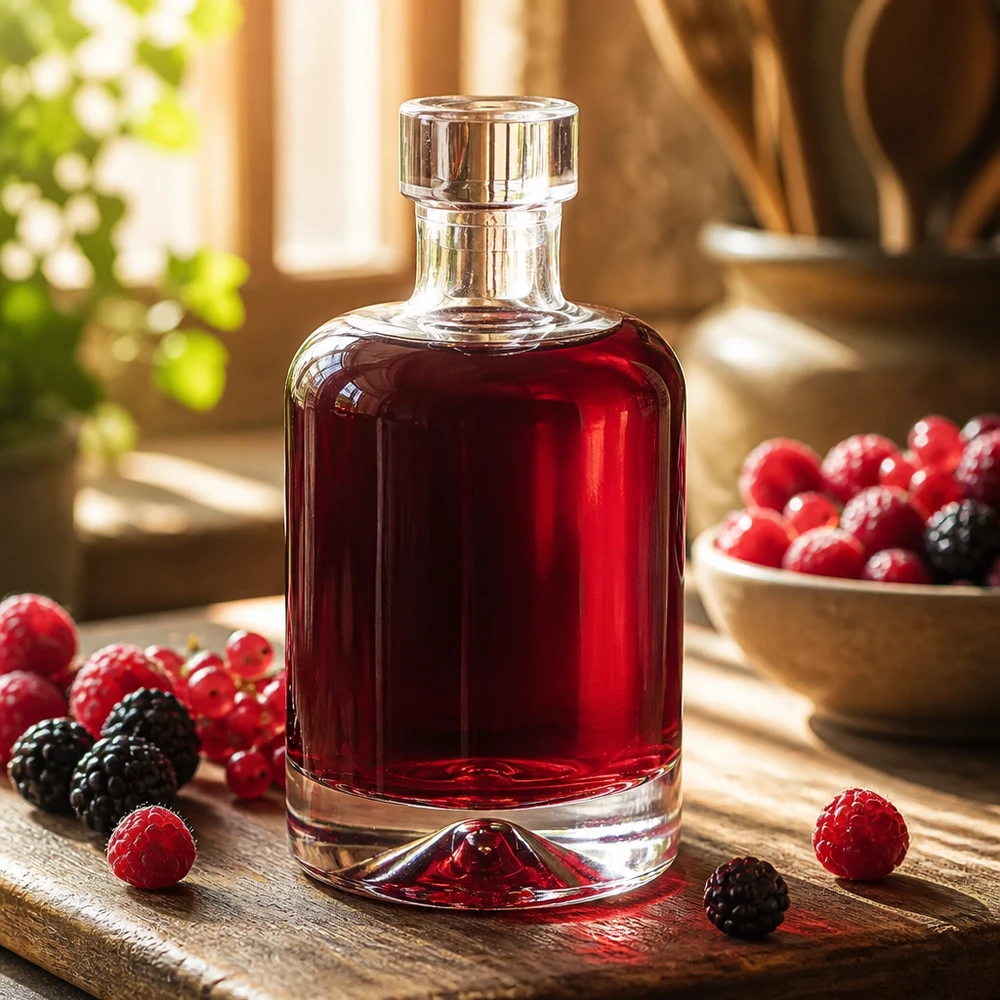 50 ml glazen fles 50ml Glasflasche "Amelie" ohne Verschluss UNiTWIST zonder sluiting UNiTWIST® 50 ml glazen fles Amelie gevuld met rode bessen likeur omringd door verse frambozen en bramen toont fijne sterke drank