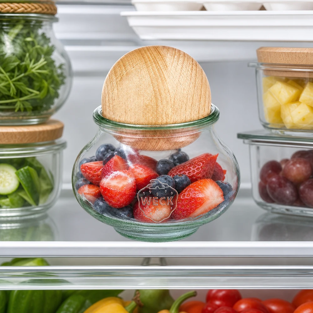 560ml juwelenglas WECK RR80 met houten bal WECK sieraden pot 560ml RR80 Koelkast opslag bessen fruit houten bal beuken versheid behoud koelkast organisatie