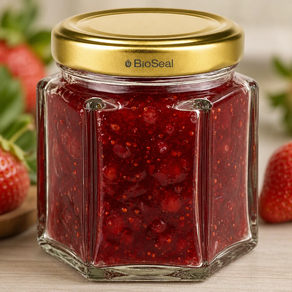 BioSeal 60g honingpot zeshoekig gevuld met aardbeienjam en gouden schroefdop in keukenstijl