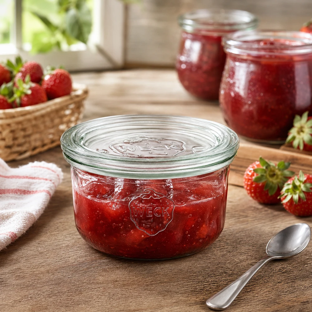 165ml stortglas met glazen deksel WECK RR80 WECK 165ml RR80 pot gevuld met aardbeienjam op een houten tafel met verse aardbeien en lepel