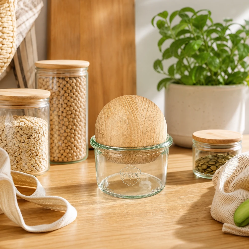 200ml stortglas WECK RR80 met houten bal WECK bekers 200ml RR80 met houten bal beuken in zero-waste keuken, omringd door duurzame voorraadpotten en stoffen zakken