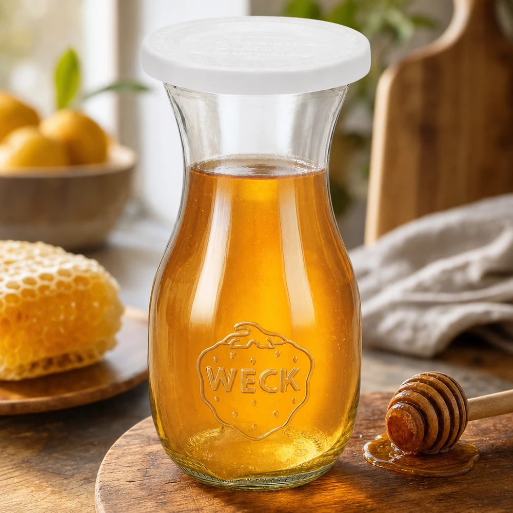 Sapfles van 290 ml met vershouddeksel WECK RR60 WECK 290ml sapfles met RR60 vers deksel gevuld met gouden honing naast honinglepel en honingraat