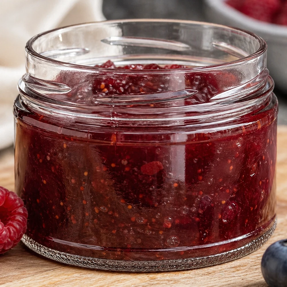 540ml rond glas zonder deksel (TO100) UNiTWIST UNiTWIST Runda540 pot gevuld met rode marmelade jam 540ml TO100 Conserveringstoepassing
