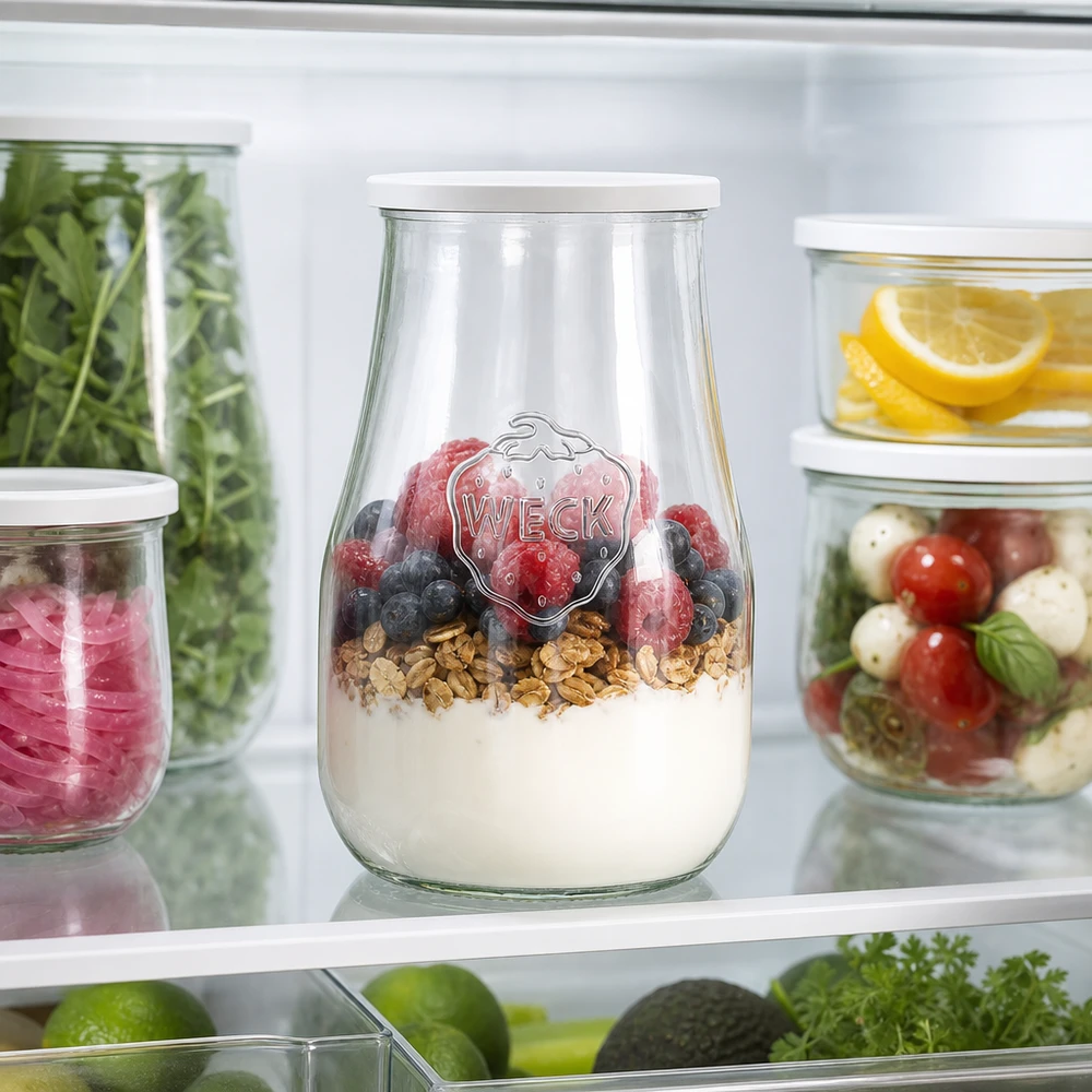 WECK tulp pot 2700ml met vershoud deksel in de koelkast gevuld met yoghurt bessen muesli als een maaltijd prep container