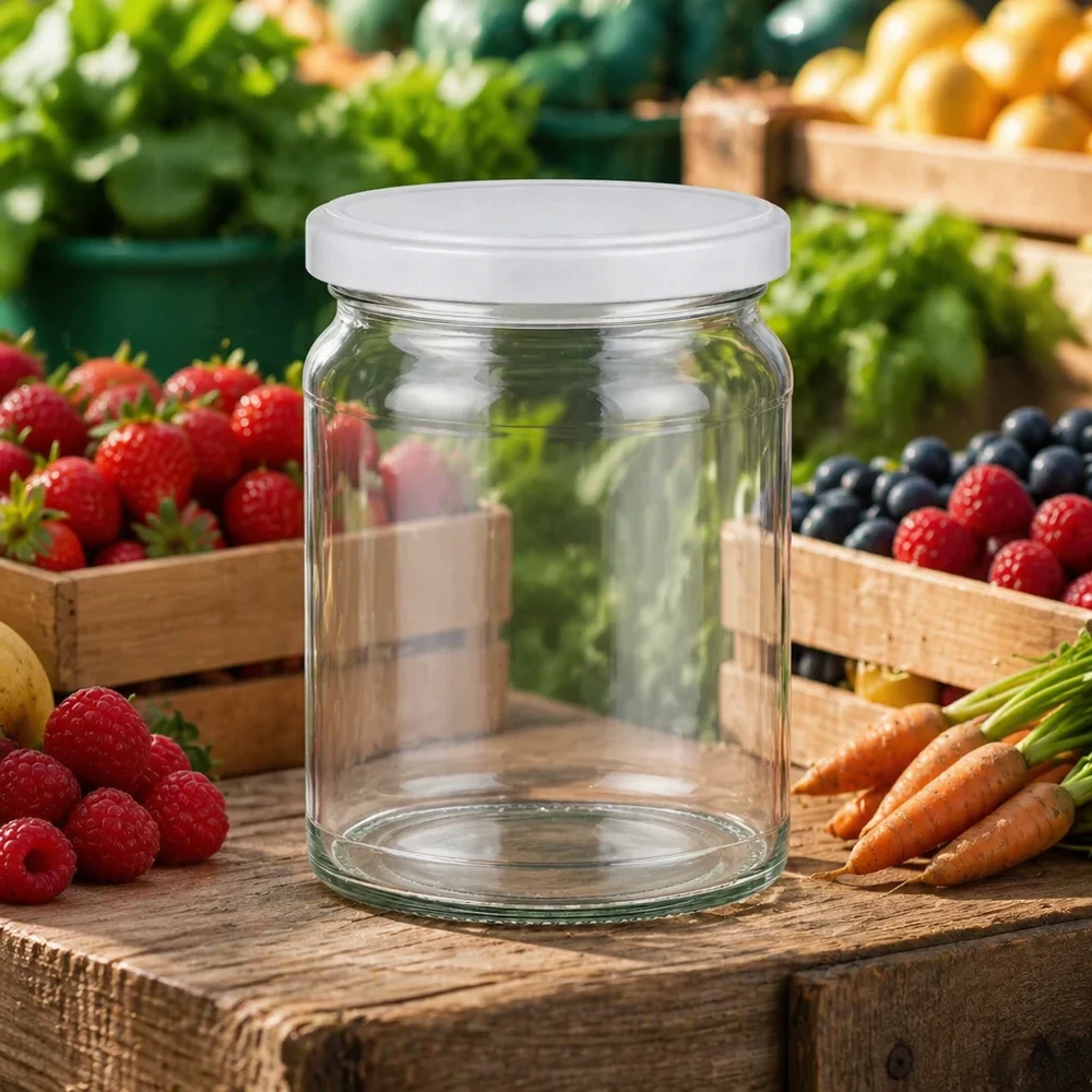 205ml rond glas met BasicSeal deksel wit UNiTWIST 205 ml ronde pot UNiTWIST op houten tafel met vers fruit en groenten - ideaal voor jam en conserven