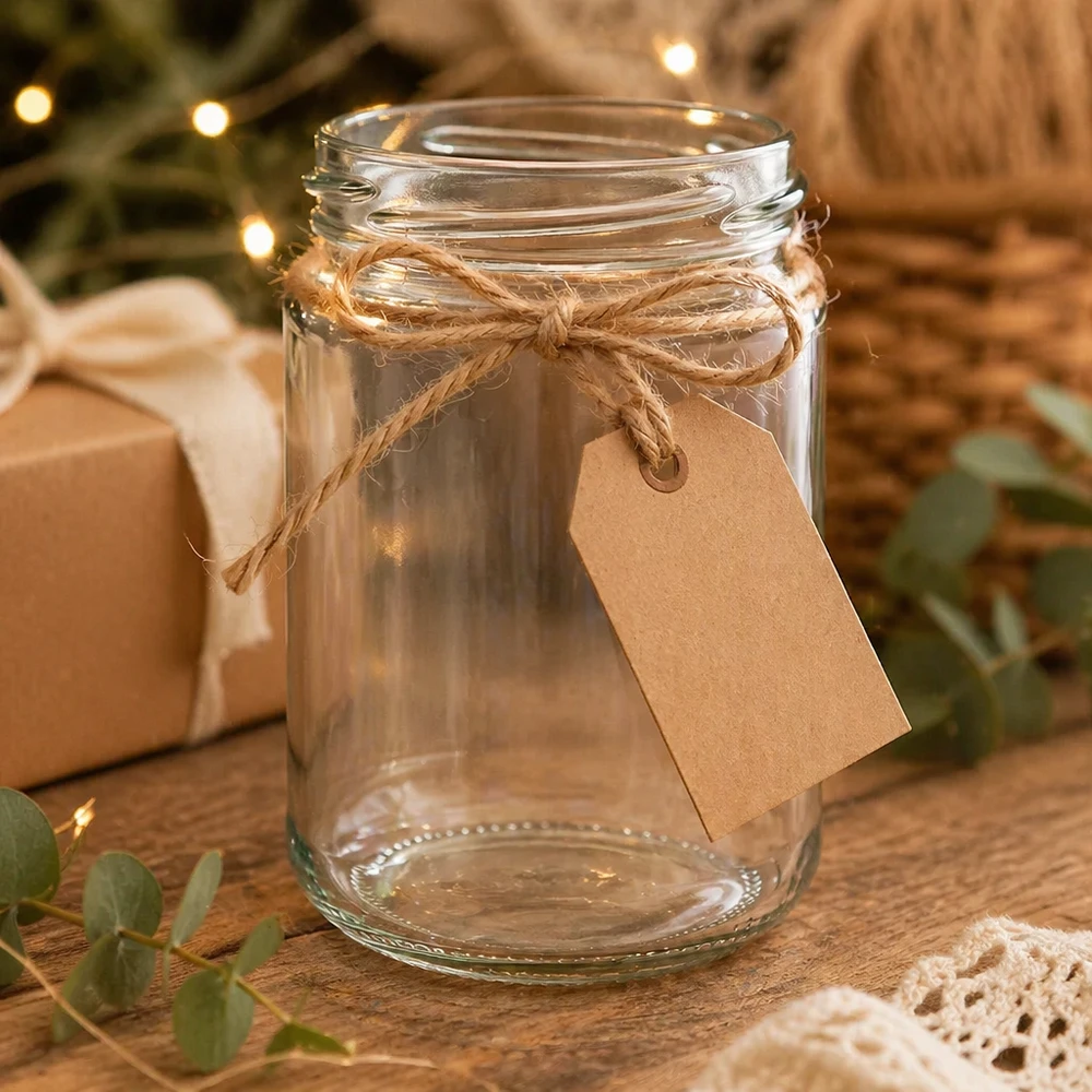 Leeg UNiTWIST rond glas 390 ml TO70 versierd met jute koord en kraftpapier label op een houten tafel