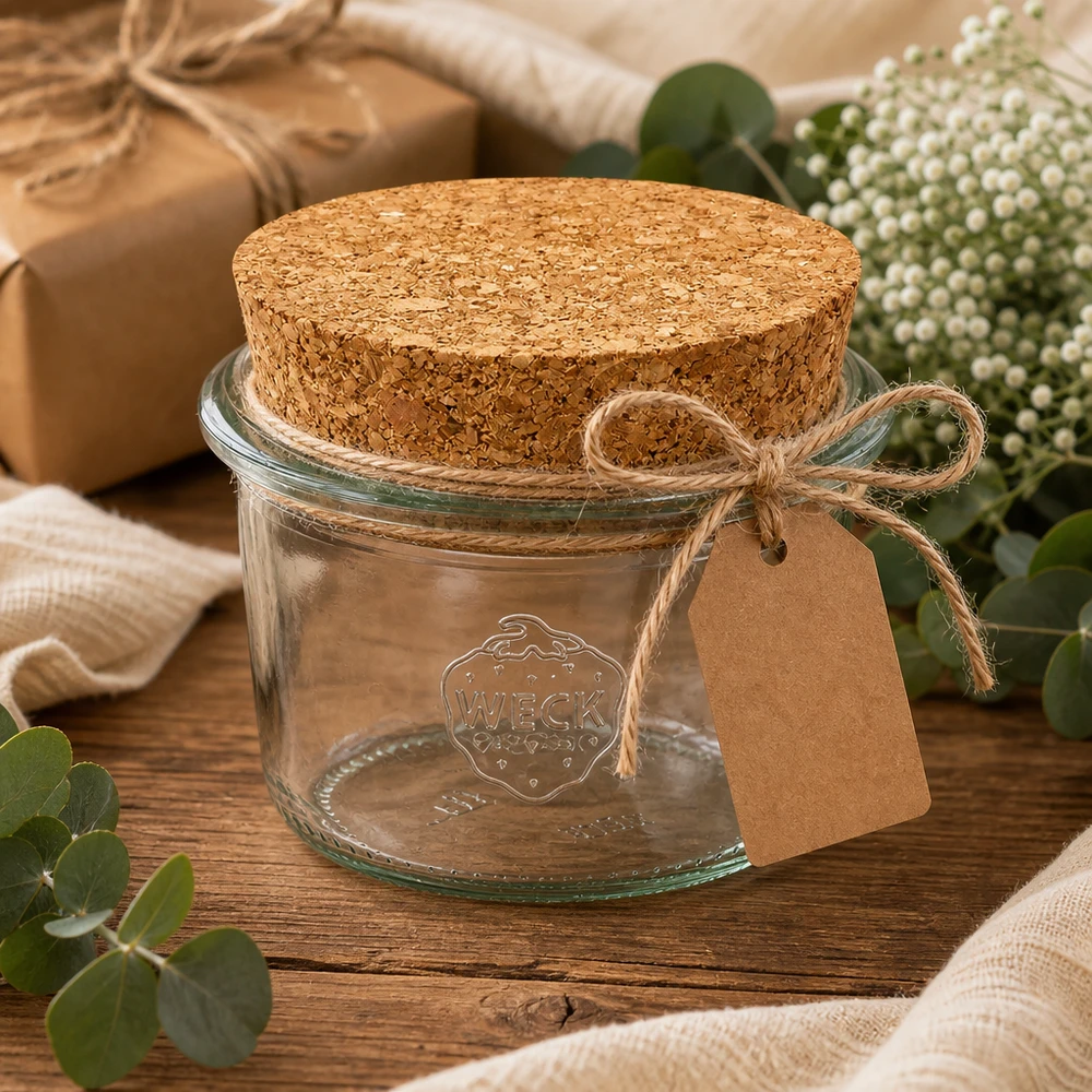 80ml stortglas WECK RR60 met kurk WECK bekers 80ml RR60 cadeau-idee met kurken label en jute lint gedecoreerd op een houten tafel