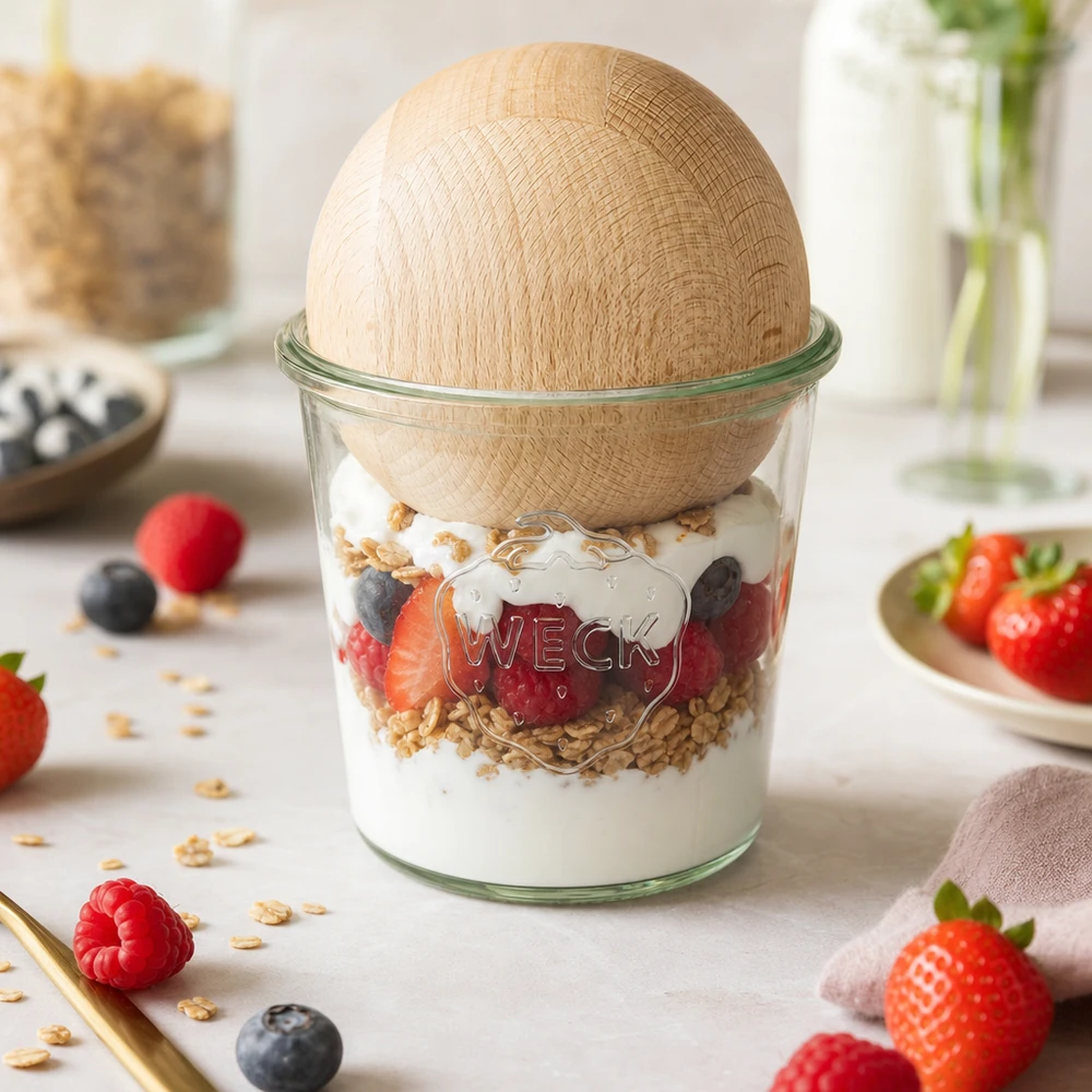 580ml stortglas WECK RR100 met houten bal WECK RR100 580ml mason jar met beukenhouten bol als mueslibakje met yoghurt bessen en granola op het aanrecht