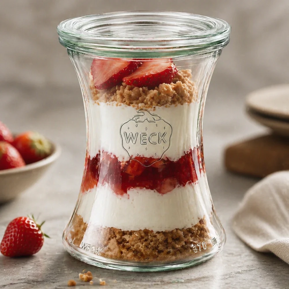 Delikatessenpot van 370 ml met glazen deksel WECK RR80 WECK delicatessenpot 370ml RR80 als dessertpot met aardbeien en hagelslag toont een elegante gelaagde look