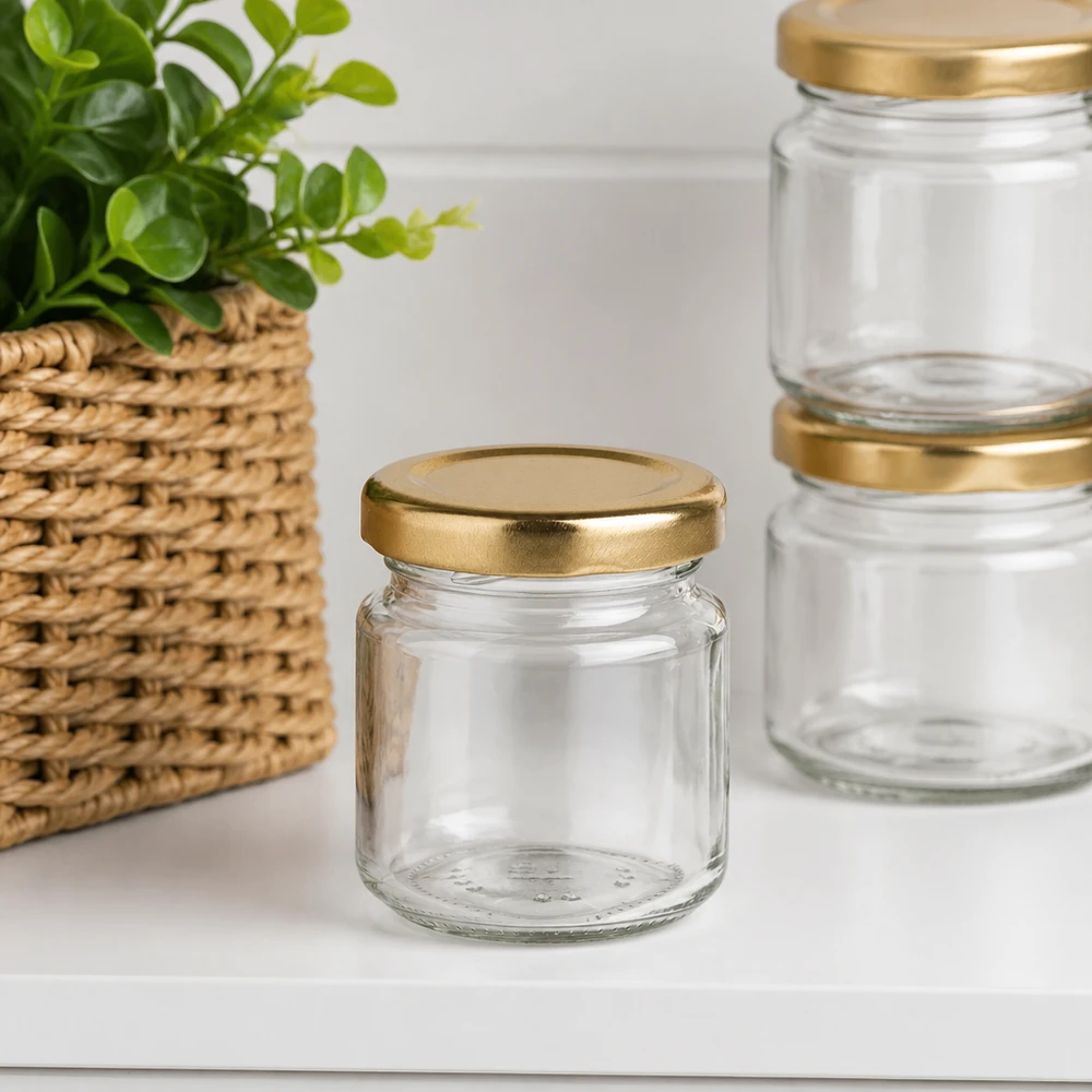 53ml rond glas met BasicSeal deksel goud UNiTWIST 53ml ronde pot UNiTWIST leeg met gouden BasicSeal deksel in moderne woonsfeer met plant