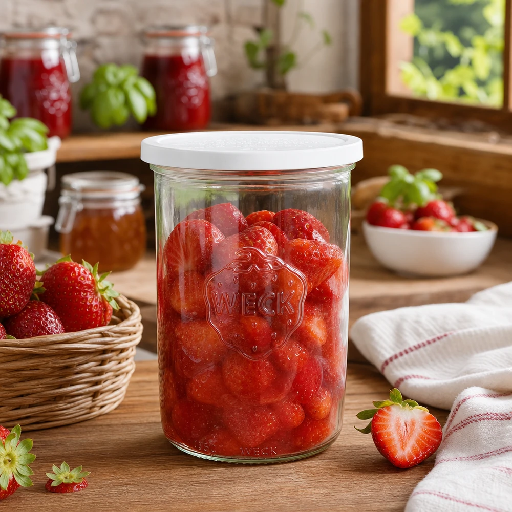 WECK inmaakpot 1000ml RR100 met ingemaakte aardbeien in rustieke keuken met vers fruit