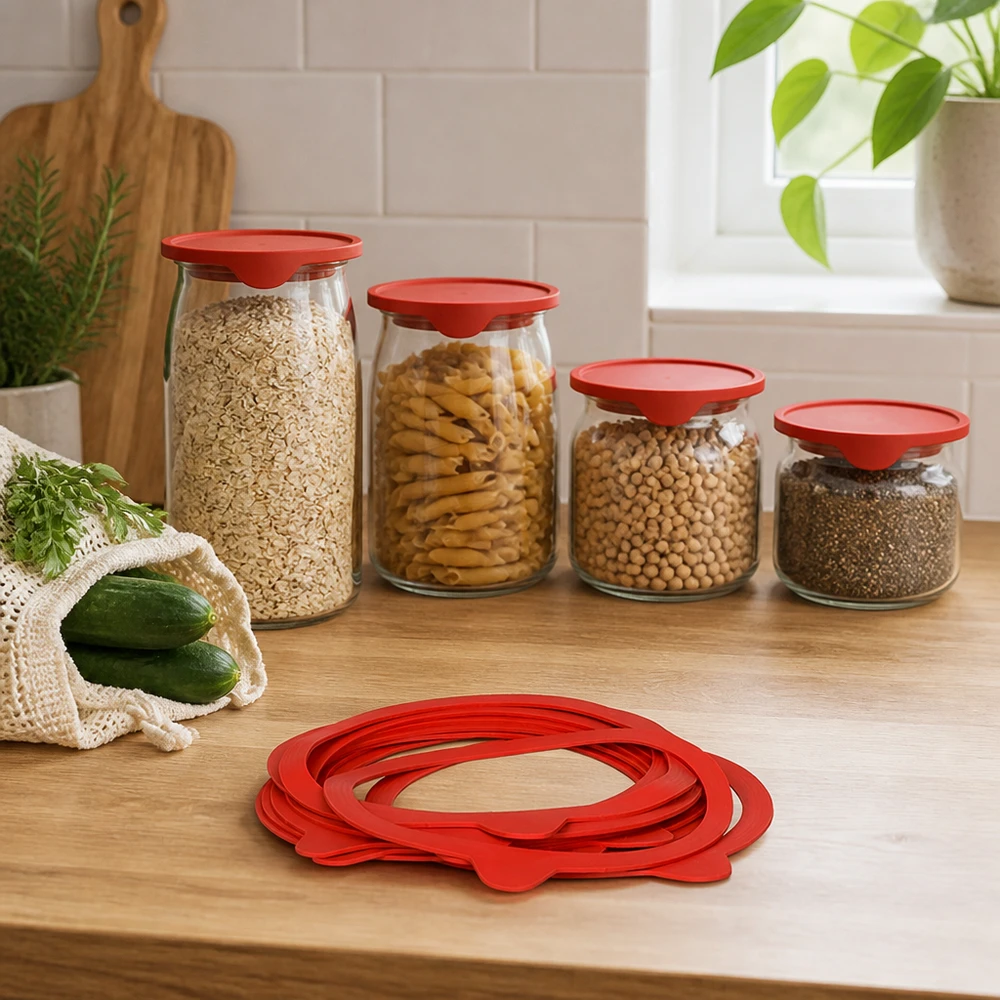 Stapel rode RR120 natuurrubberen inmaakringen op een houten toonbank naast voorraadpotten met ontbijtgranen en pasta