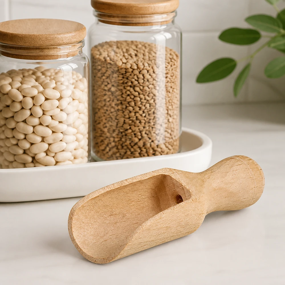 Houten schep maat XS halfronde vorm - 52mm lang Houten schepje XS 5,2 cm naast voorraadpotjes met witte bonen en koriander voor zero waste koken en kruiden bewaren