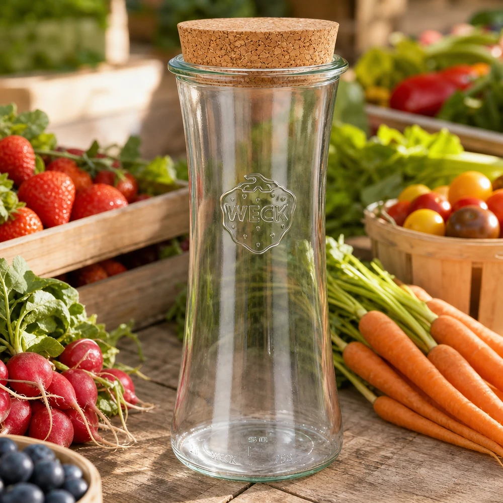 700ml delicatessenglas WECK RR80 met kurk WECK RR80 voorraadpot 700ml leeg met kurken deksel tussen verse groenten wortelen radijzen tomaten op marktkraam