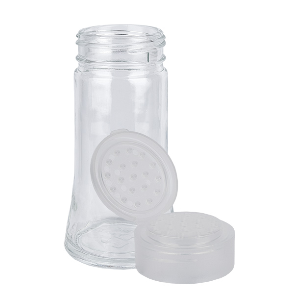 Zout/kruidenpotje 95ml met strooier wit - Deksel met strooier ø3.5mm met 19 gaatjes. Scharnierend deksel. PP.