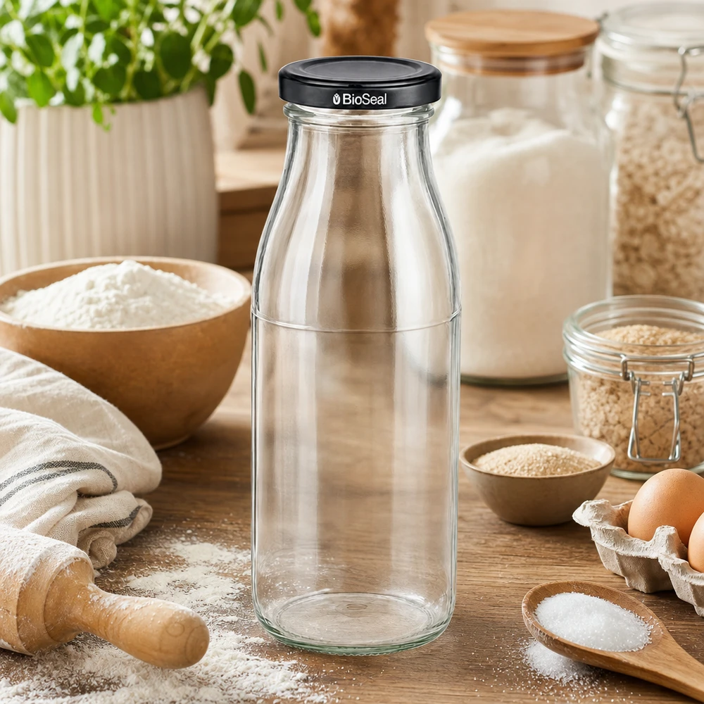 500ml fles met BioSeal deksel zwart UNiTWIST 500ml Glasflasche mit BioSeal Deckel in rustikaler Küche zwischen Backzutaten Mehl und Eiern für Kochbegeisterte