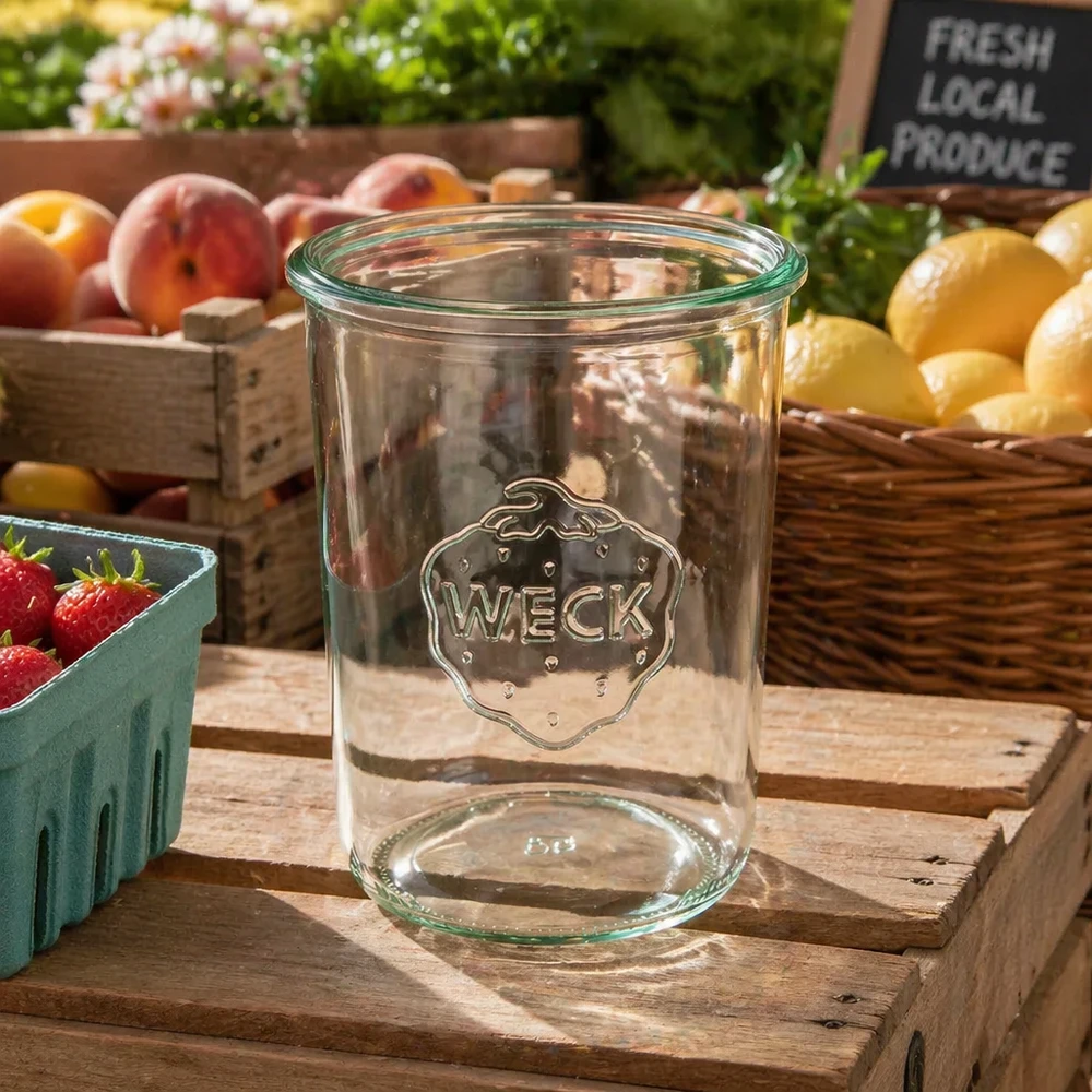 850ml stortglas WECK RR100 850ml WECK RR100 helder glazen bekers met logo op houten krat tussen vers fruit en groenten