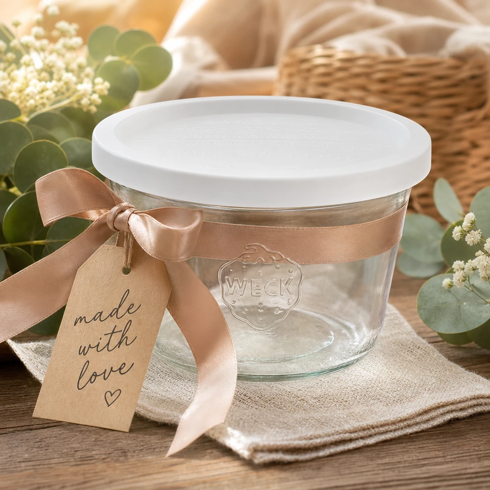WECK bekers 370ml RR100 decoratief gepresenteerd met strik en cadeaulabel Made with Love op een houten tafel