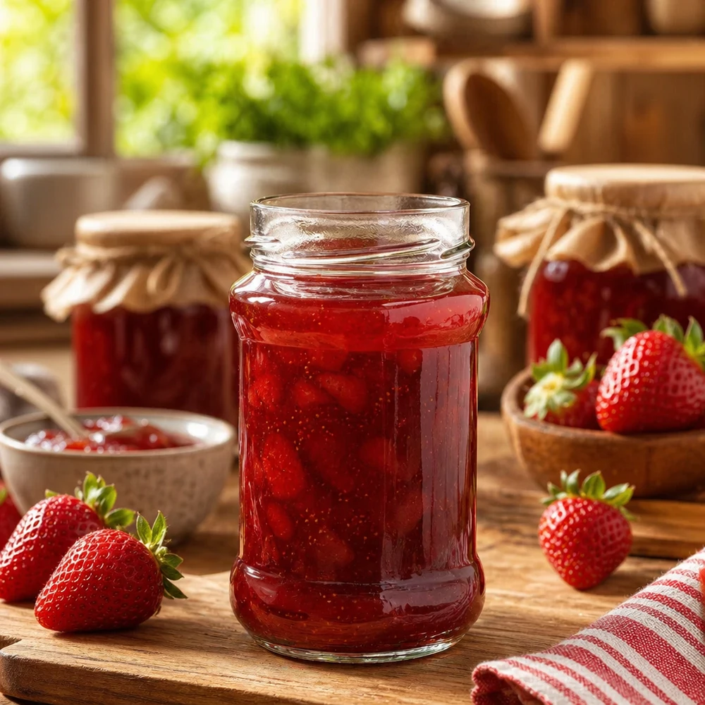 Ronde pot 390ml gevuld met aardbeienjam op houten tafel met verse aardbeien en andere jampotten achterin