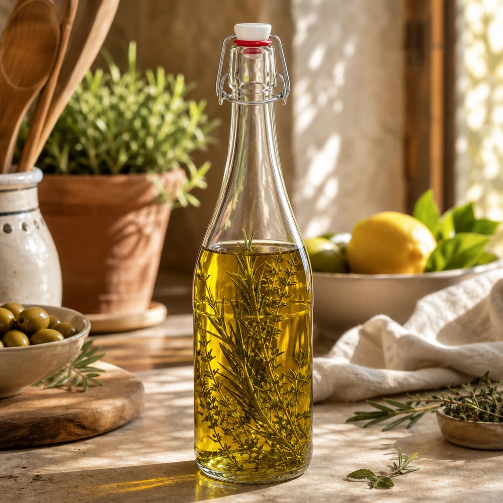 750 ml glazen fles + draaidop PVC UNiTWIST 750ml glazen fles met zwenktop gevuld met kruidenolie Toepassing voorbeeld Keuken Mediterraan decoratief