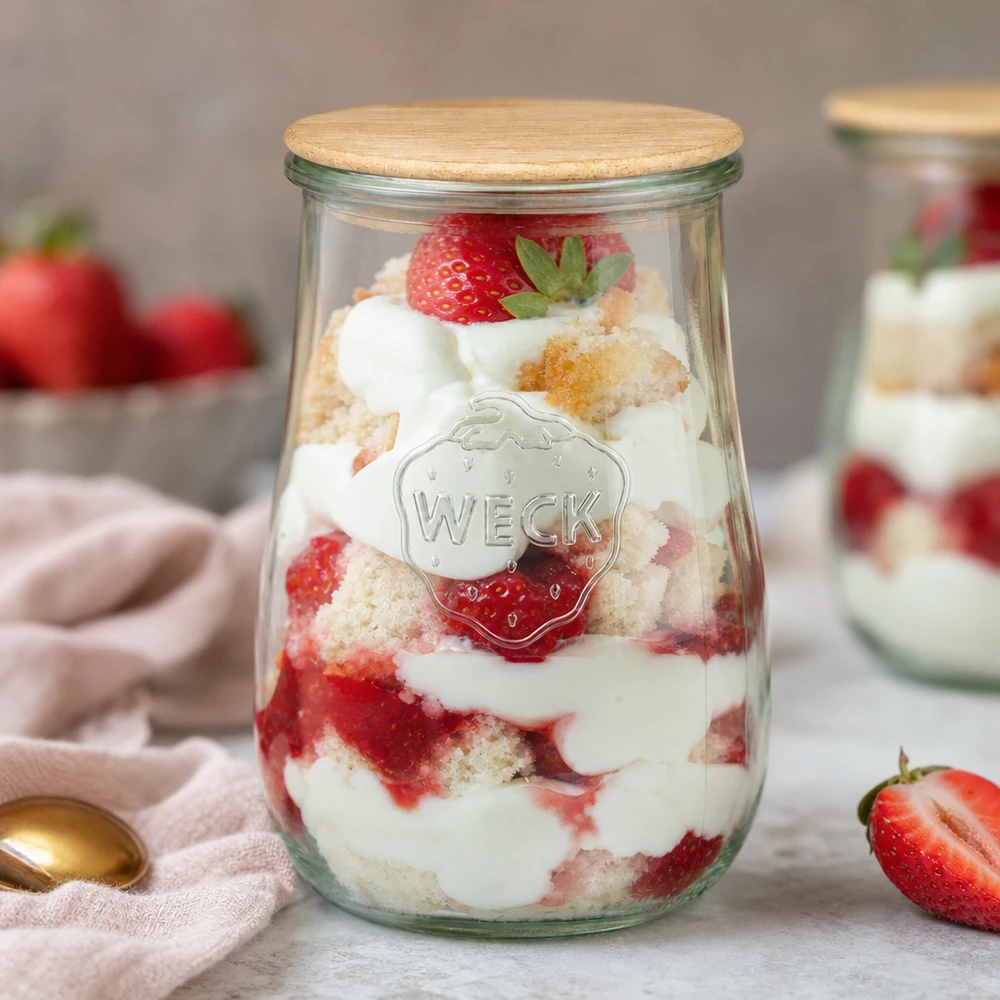 WECK tulp pot 1750ml als dessert pot met aardbei en room gelaagd dessert, houten deksel, voorraad pot voor zoete lekkernijen