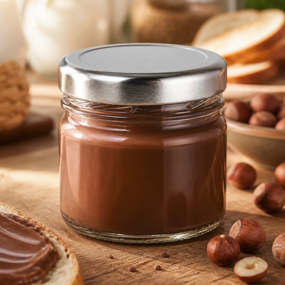 33 ml rond glas + BasicSeal-deksel zilver UNiTWIST Klein jampotje van 33 ml met luchtdichte BasicSeal-deksel, gevuld met hazelnootpasta