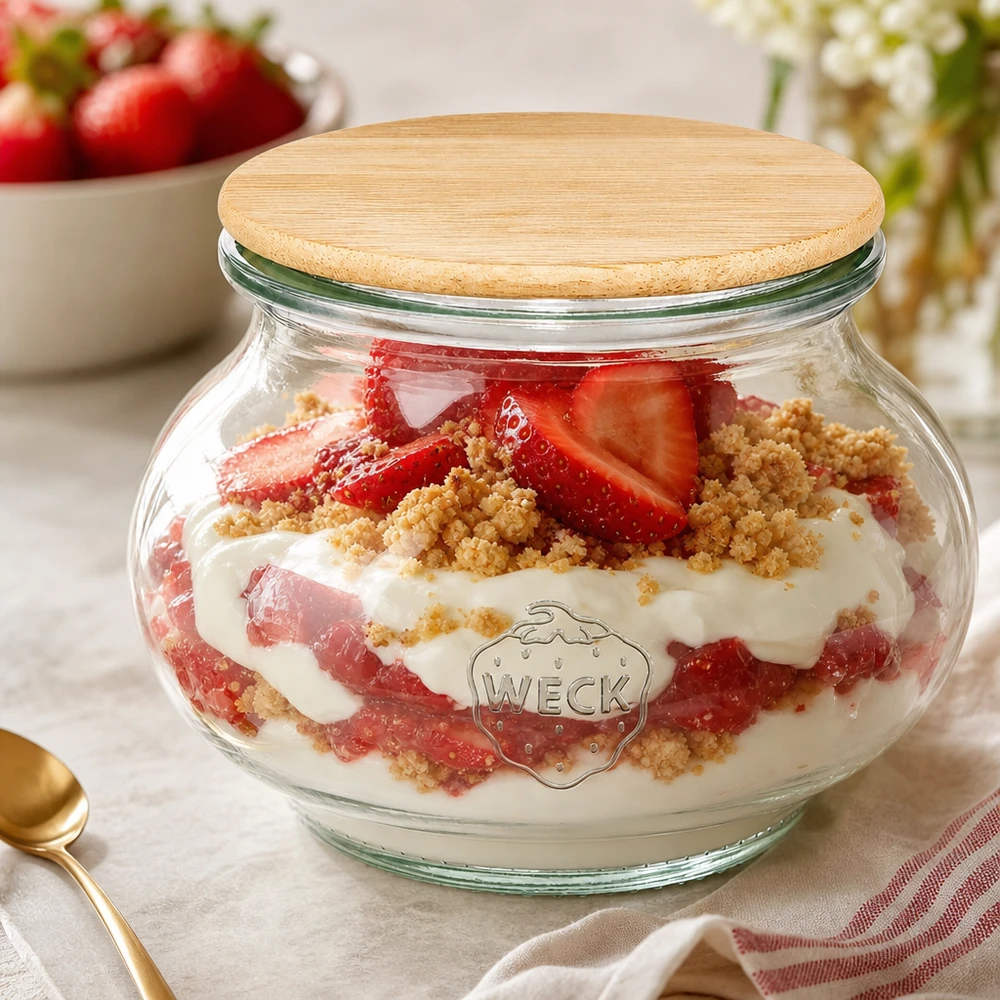 WECK pot 220ml RR60 als dessertschaal gevuld met aardbeien trifle toont veelzijdig gebruik met bamboe deksel