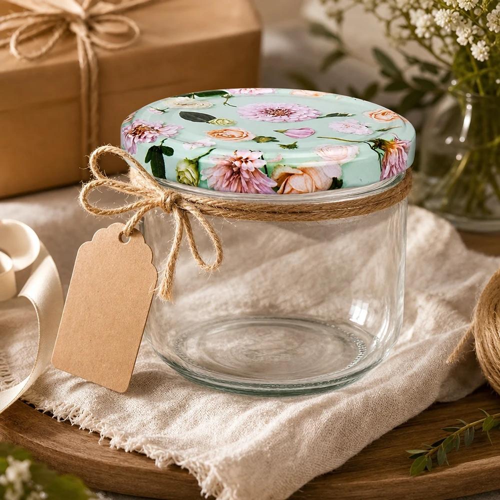 260 ml tumbler + BasicSeal-deksel met muntbloem UNiTWIST Gedecoreerde 260ml bekers met BasicSeal bloem deksel mint, jute koord, cadeaulabel op linnen doek