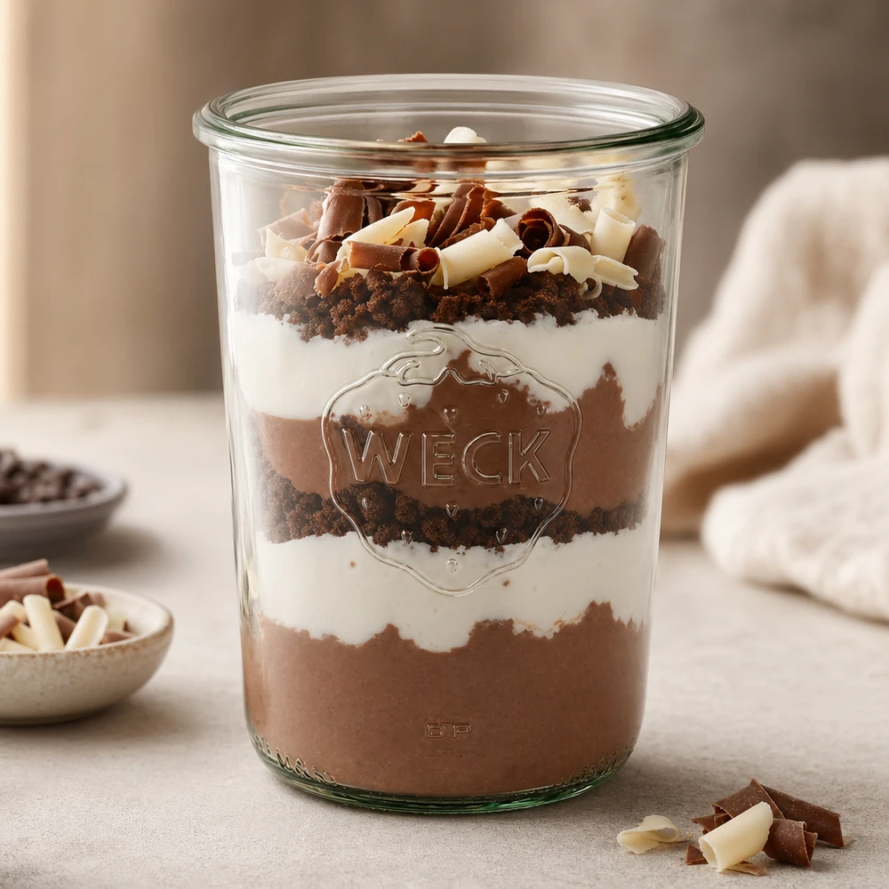 850ml stortglas WECK RR100 850ml WECK RR100 bekers gevuld met een gelaagd dessert van chocolademousse, room en koekkruimels