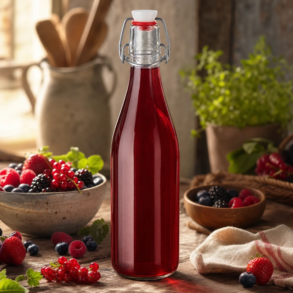 500ml glazen fles + draaidop PVC UNiTWIST 500ml Glasflasche Bügelverschluss mit rotem Beerensaft gefüllt Fruchtsäfte Smoothies selbstgemacht Küchendeko