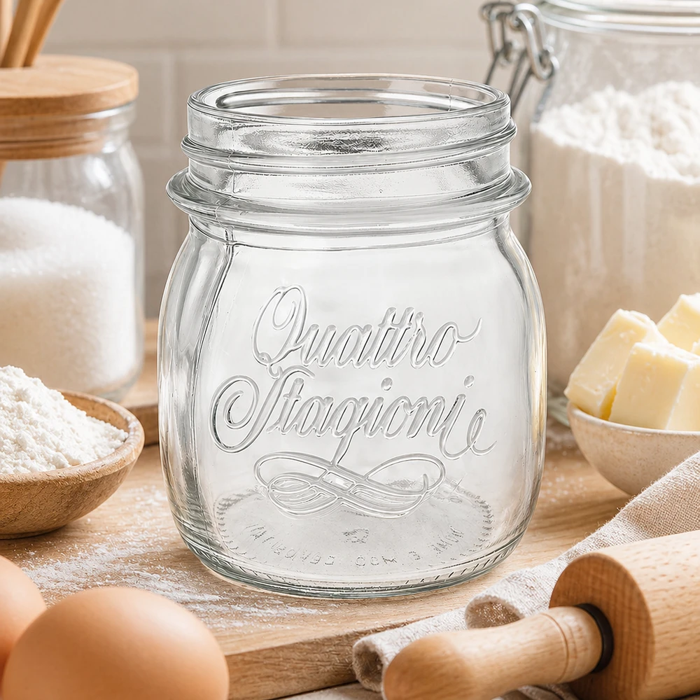 250ml Quattro Stagioni huishoudpot inmaakpot met embleem op houten tafel met keukengerei en ingrediënten