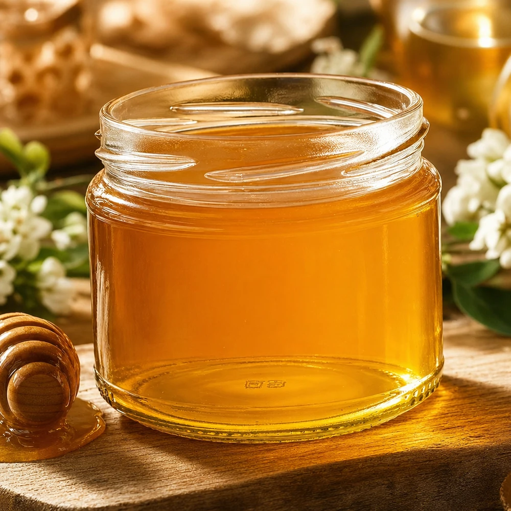 UNiTWIST Runda330 ronde pot gevuld met gouden honing naast honinglepel en witte bloemen op houten tafel